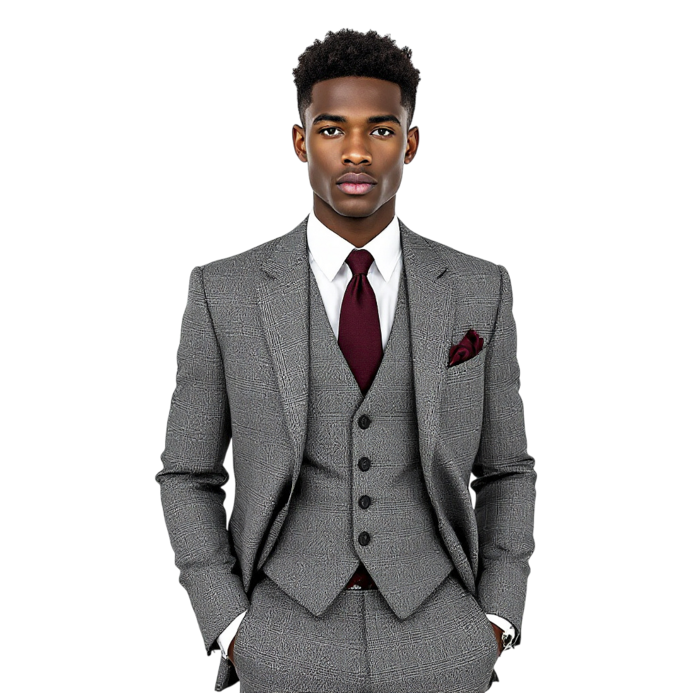 A man in a grey suit and maroon tie png