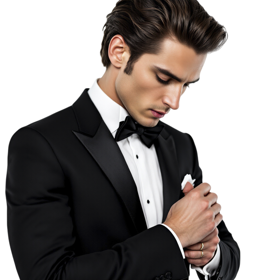 A man in a tuxedo adjusting his tie png
