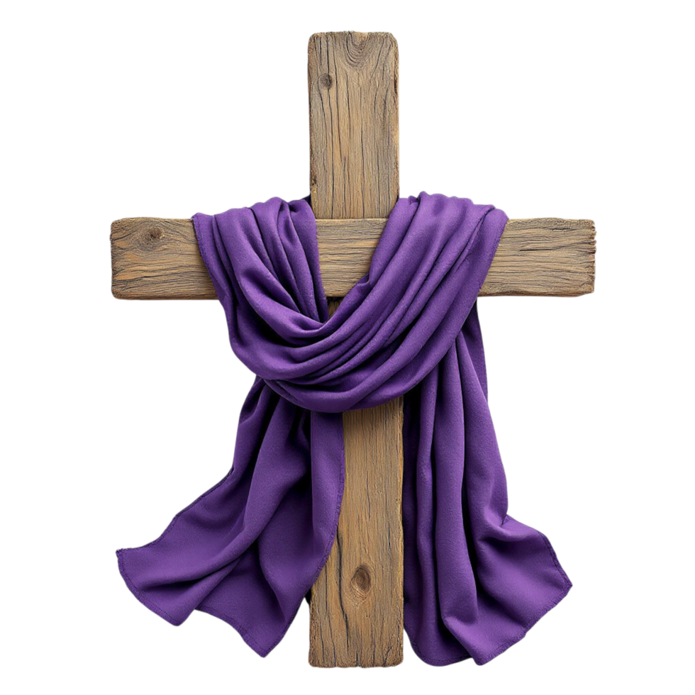 A wooden cross with a purple cloth draped over it png