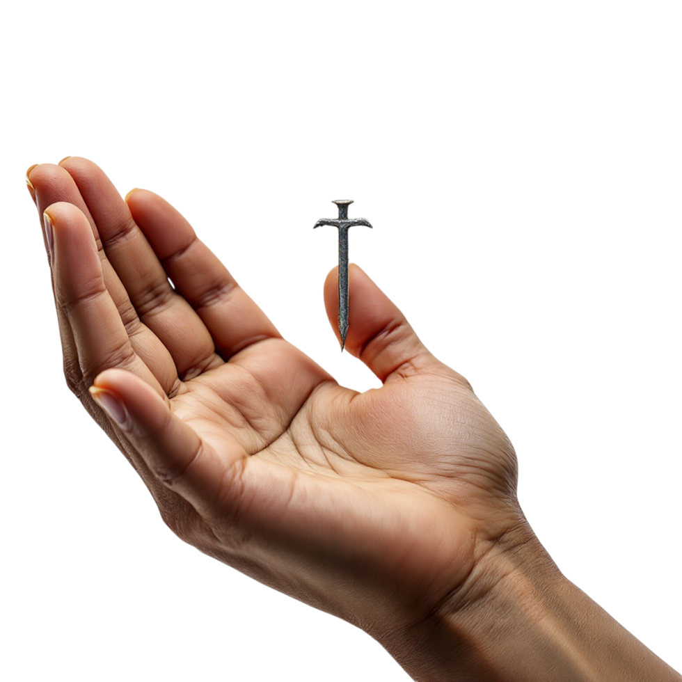 A person holding a small nail in their hand png