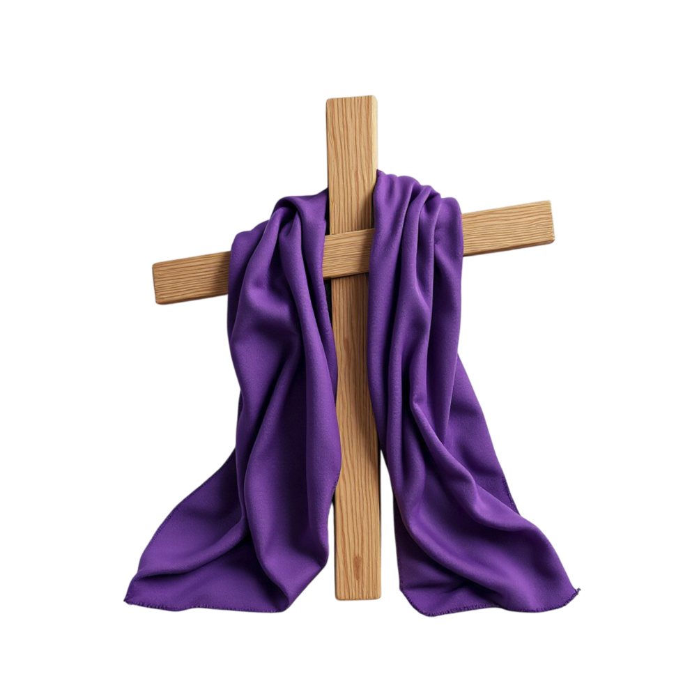 A wooden cross with a purple cloth draped over it png