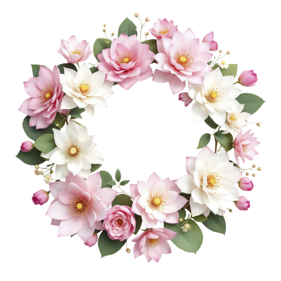A wreath of pink and white flowers on a black background png