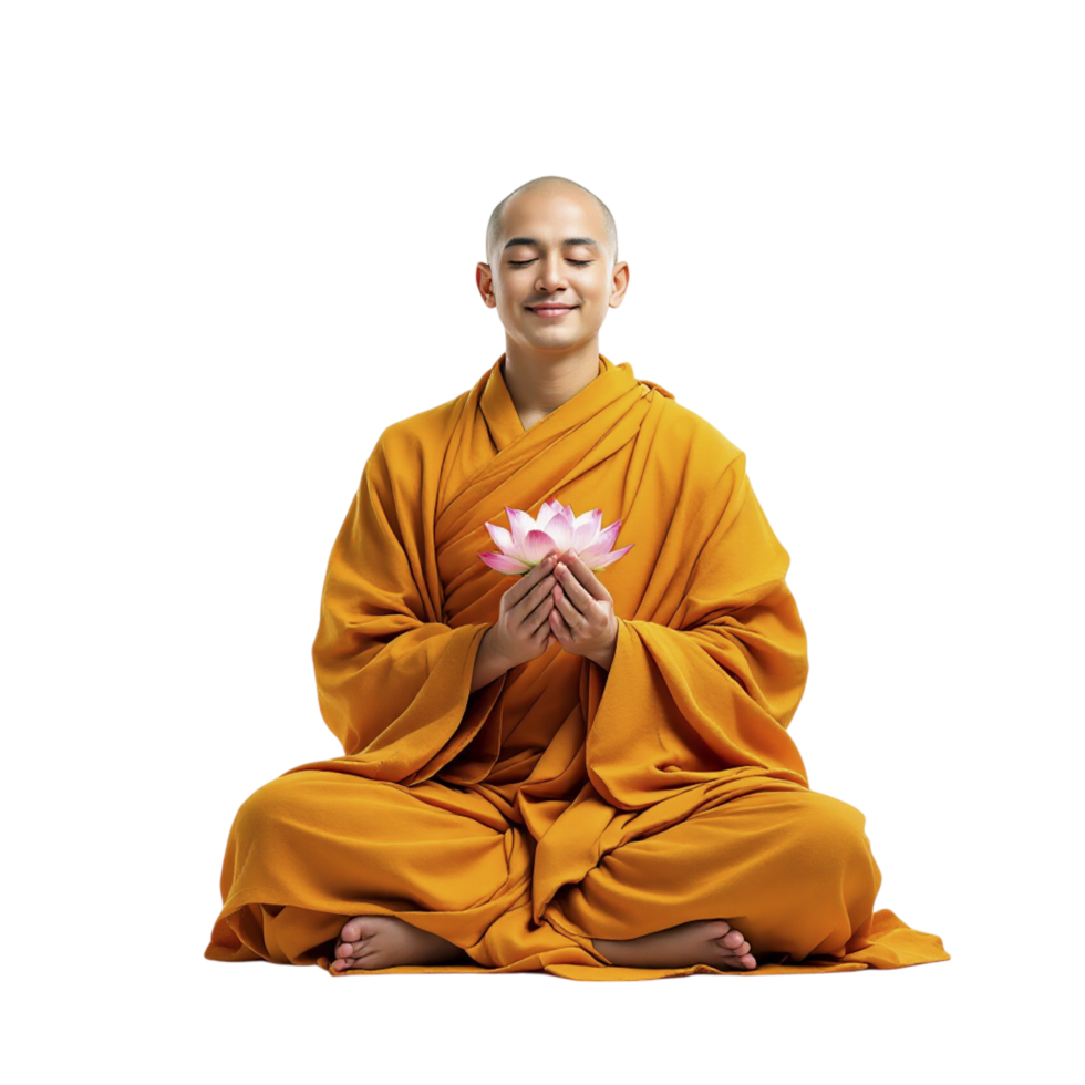 A smiling buddha monk sitting in meditation pose with a lotus flower png