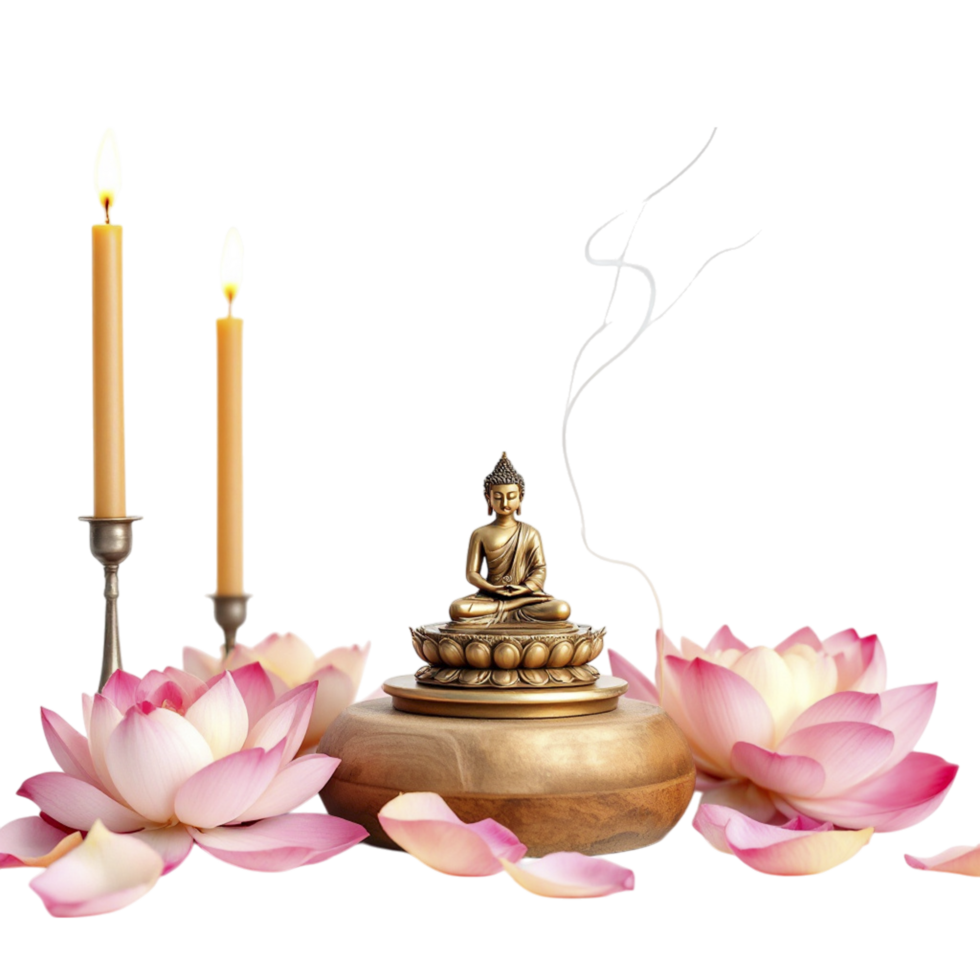 Buddha statue with incense and lotus flowers png