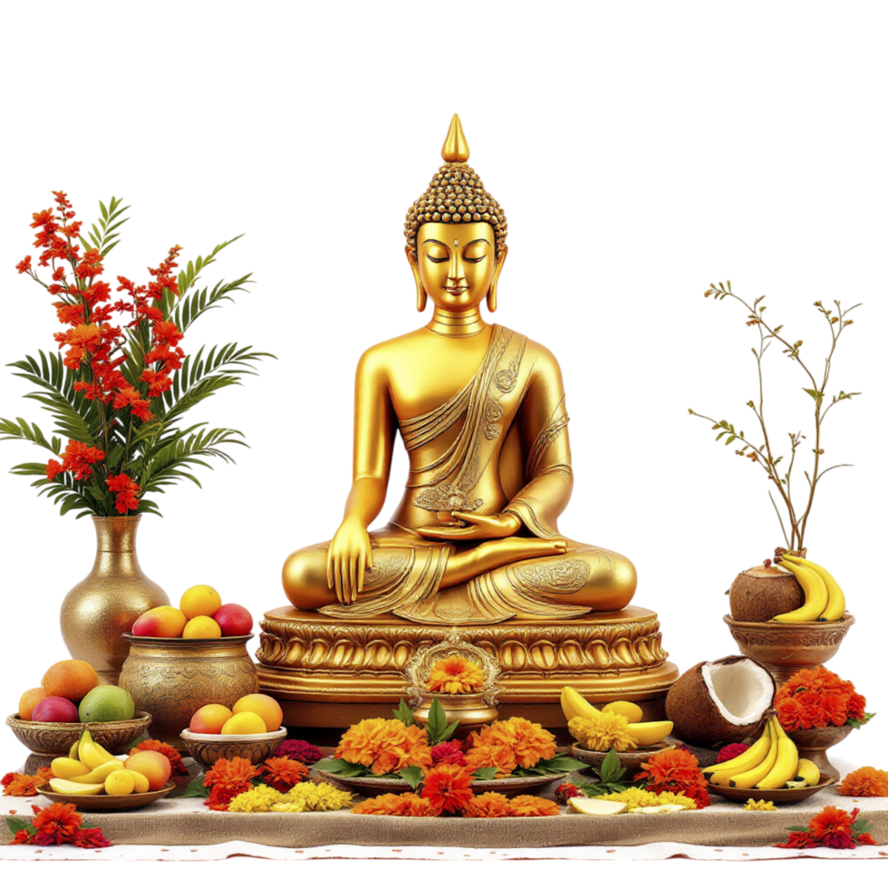 A gold buddha statue surrounded by fruit and flowers png