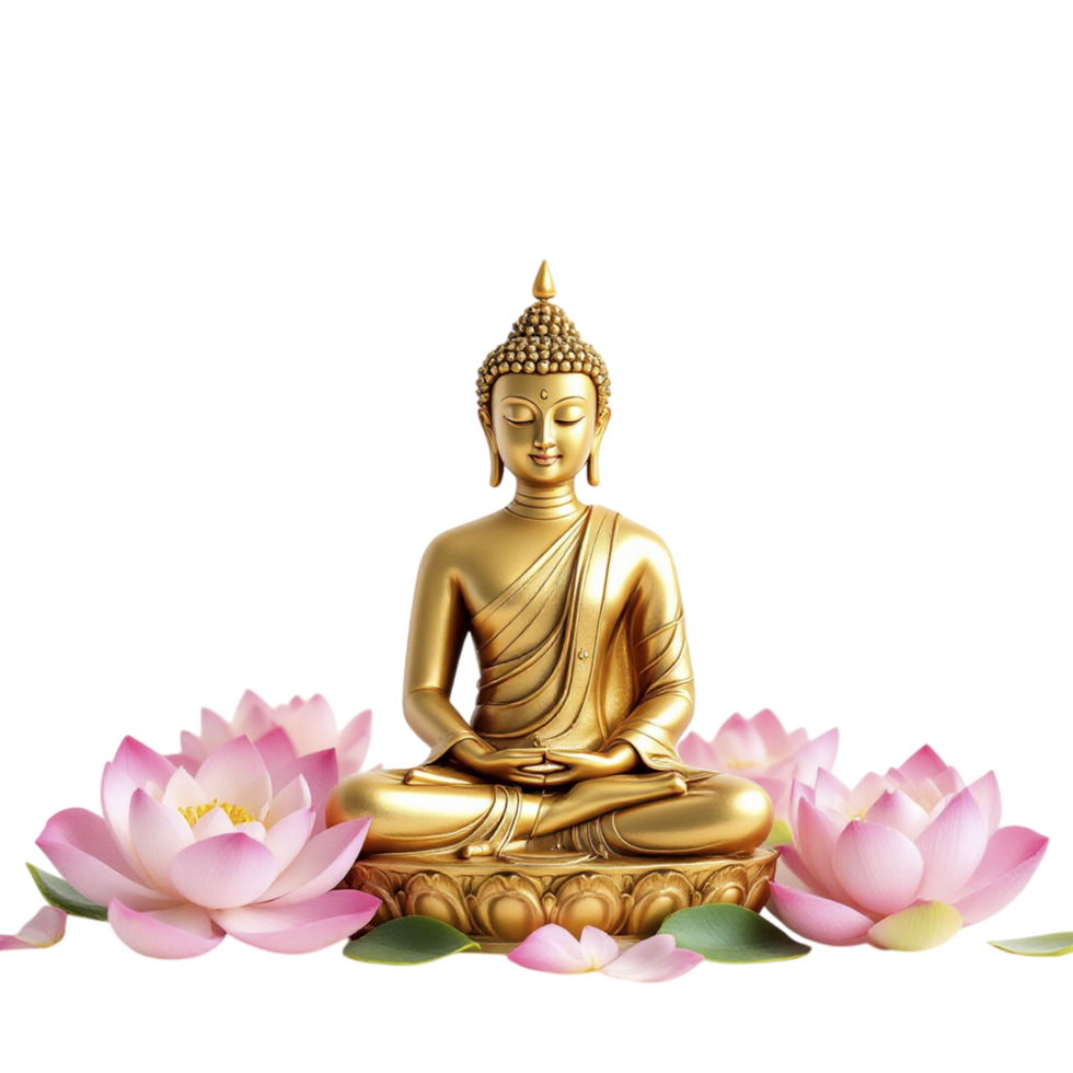 Golden buddha statue with lotus flowers on black background png