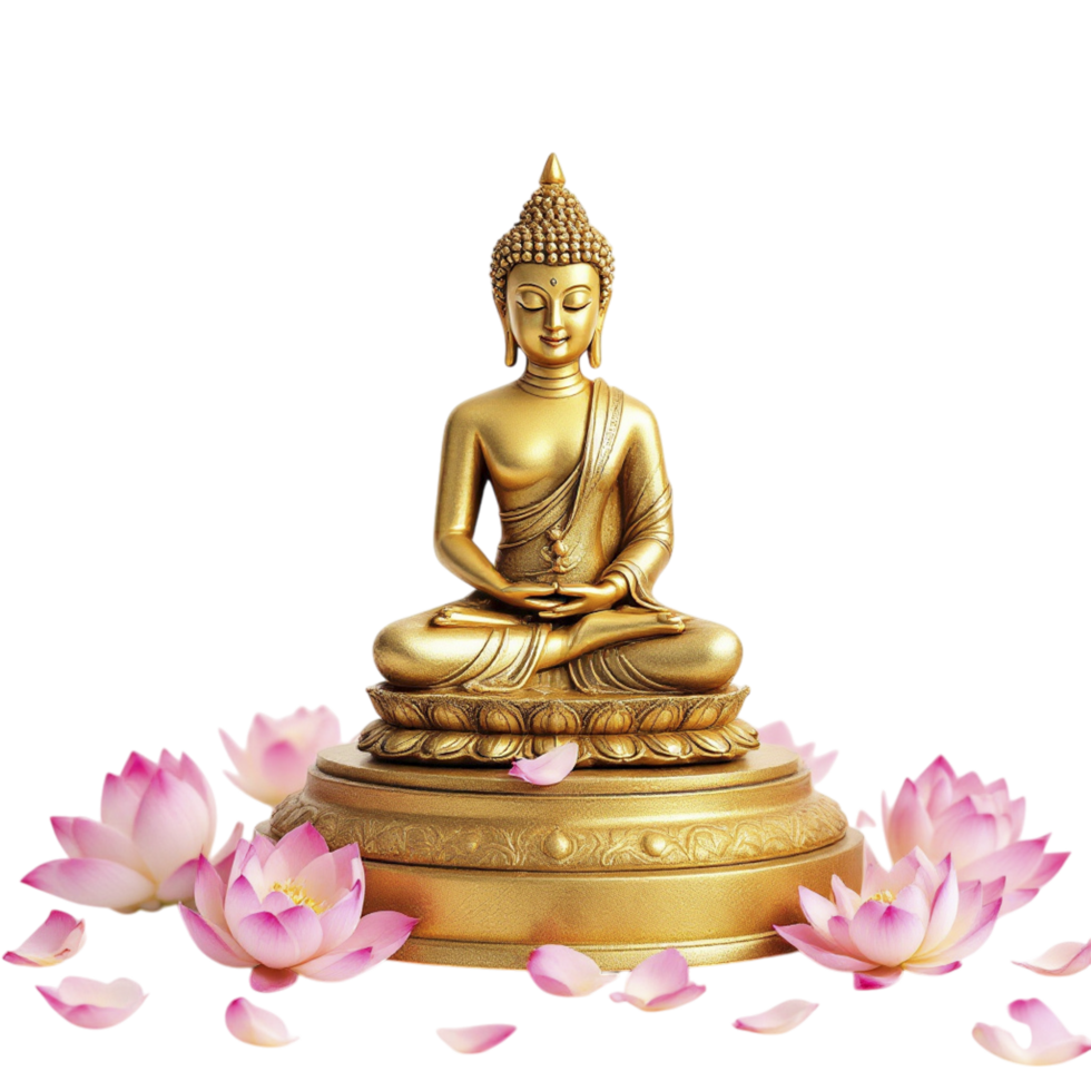 Golden buddha statue with lotus petals on black background png