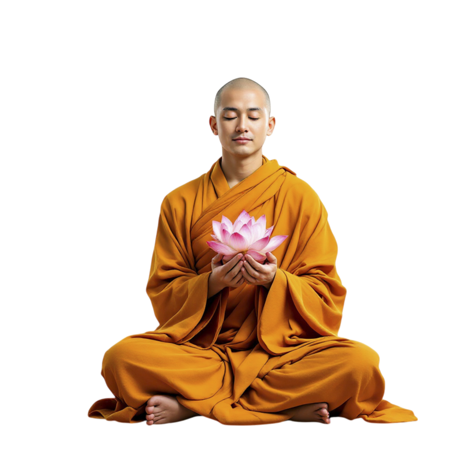 A monk is sitting in a lotus position with a pink flower png