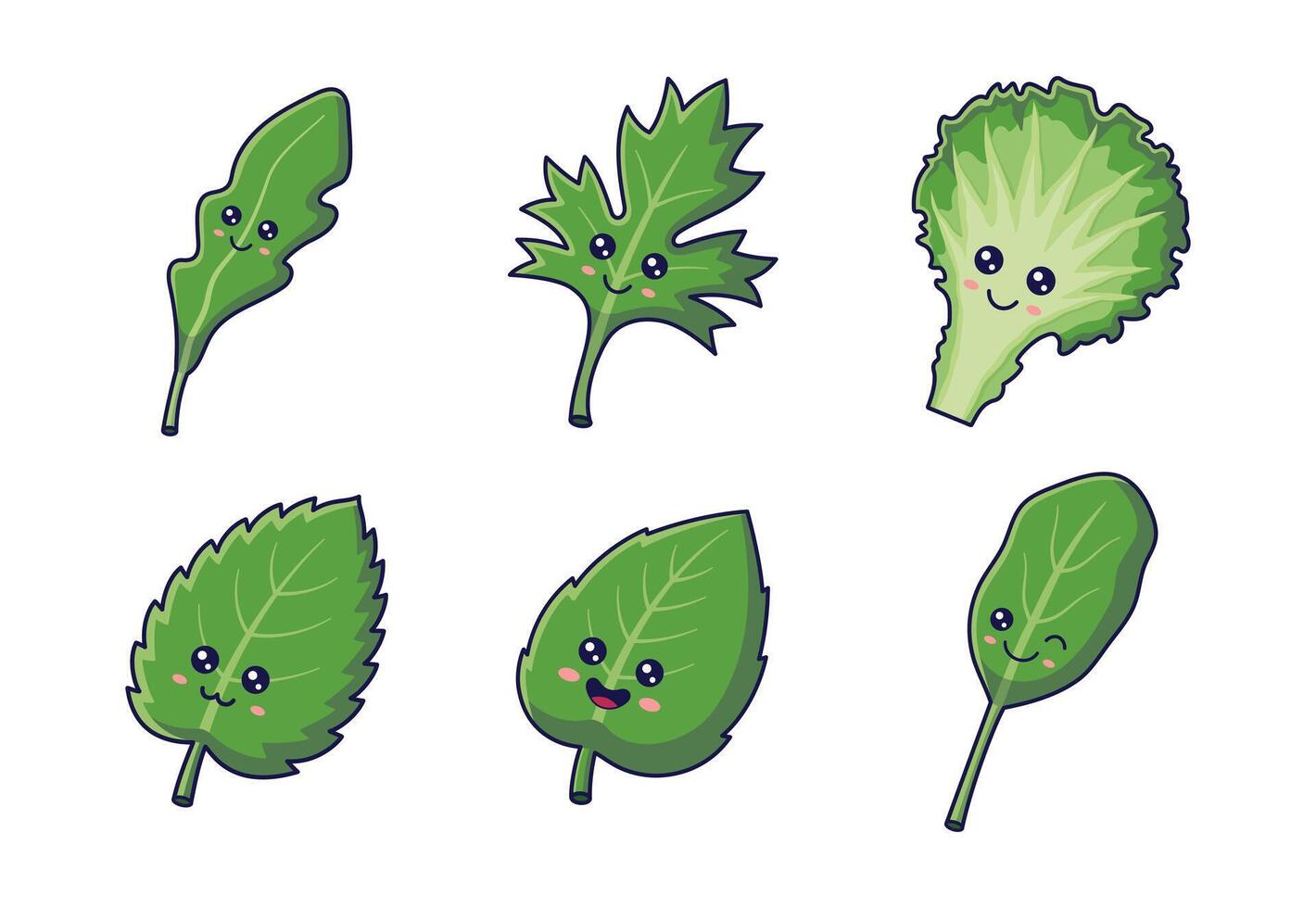 Fresh herbs concept. Cute Kawaii herbs characters, leaves, branches of Arugula, mint, basil, spinach, lettuce. Cartoon icons, stickers isolated. Herbs collection vector