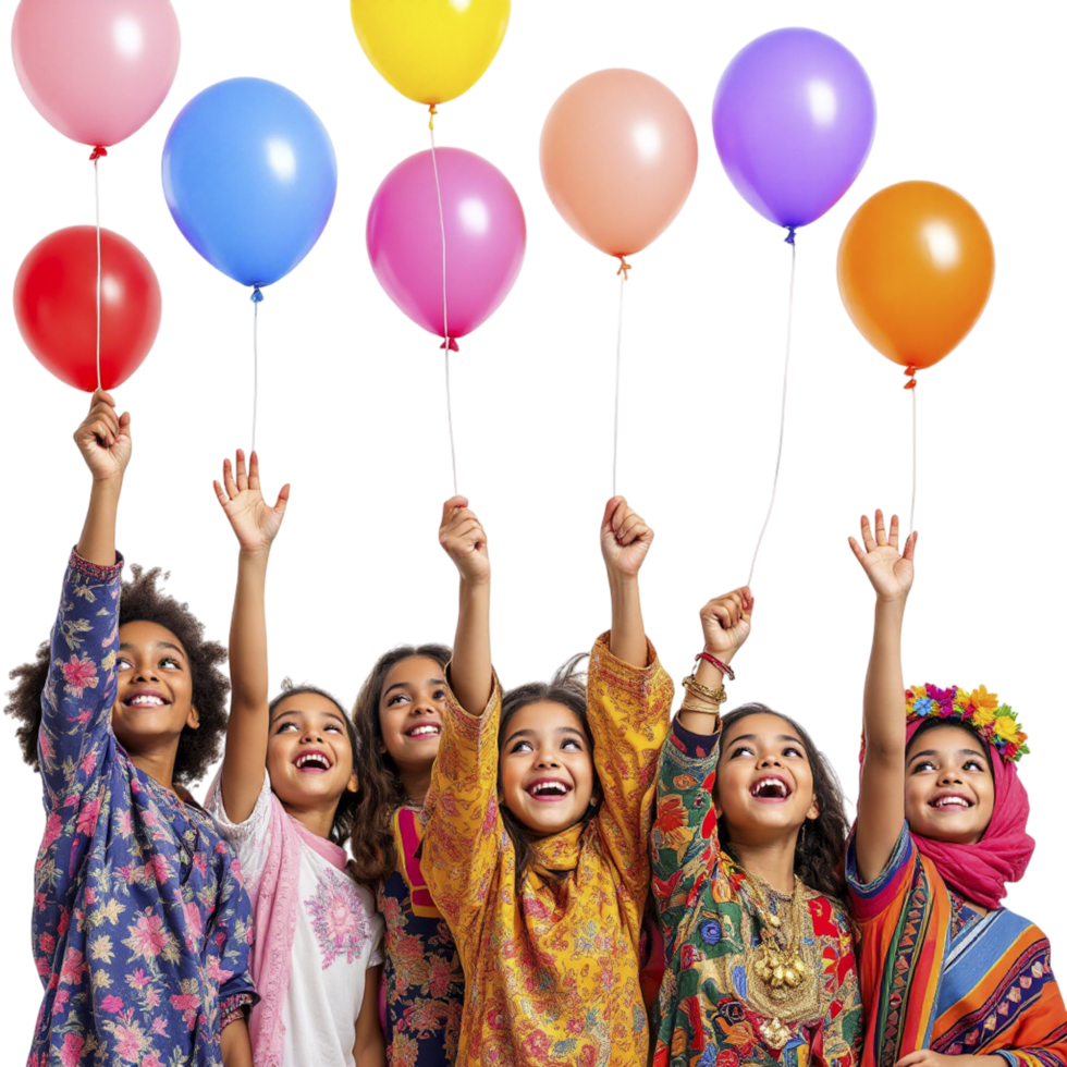 Happy children holding colorful balloons png