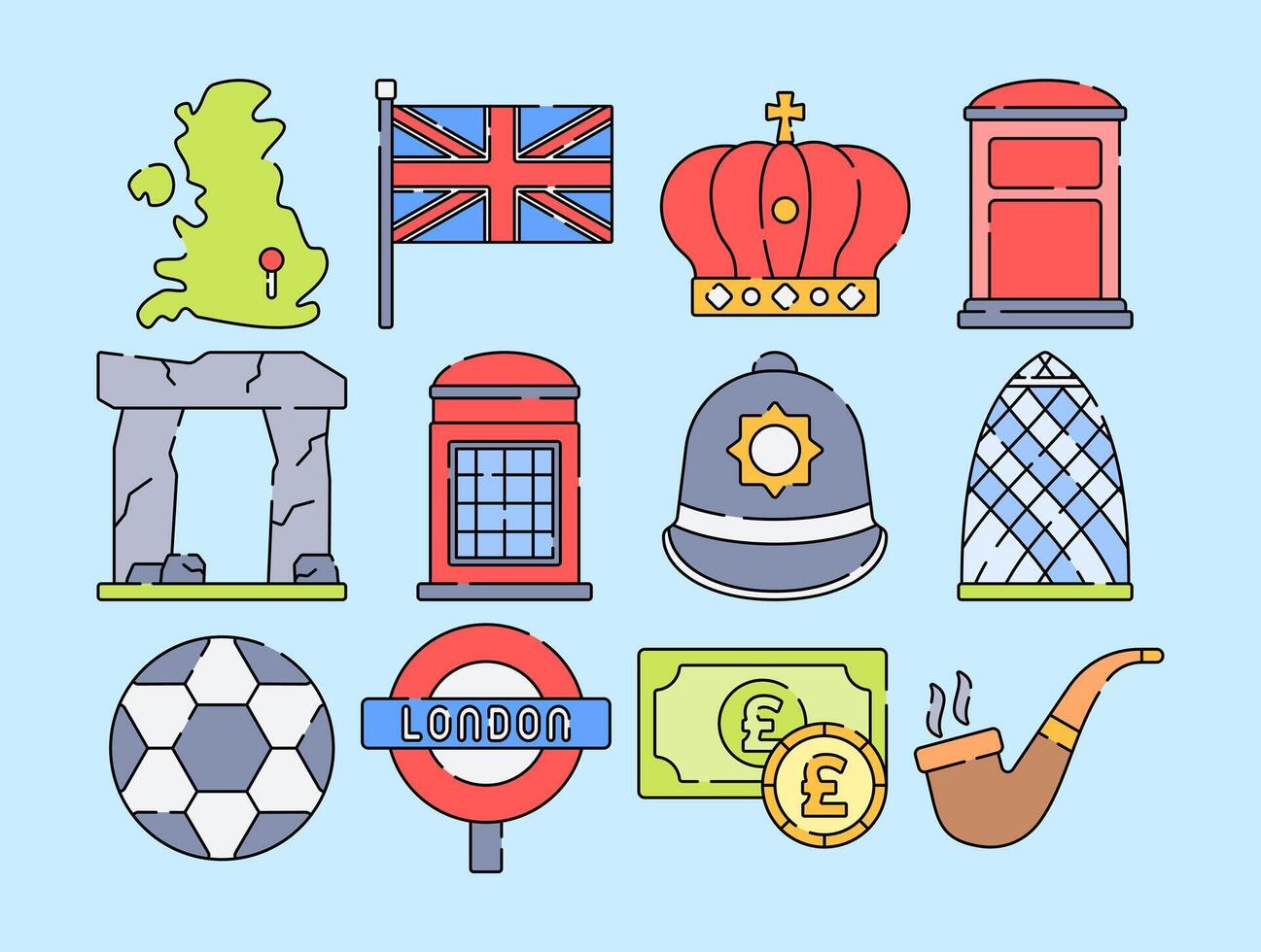 United Kingdom element icons flat design style, featuring cultural and iconic UK symbols like the Union Jack, red phone box, and British pound. Ideal for travel, history, and editorial designs. vector