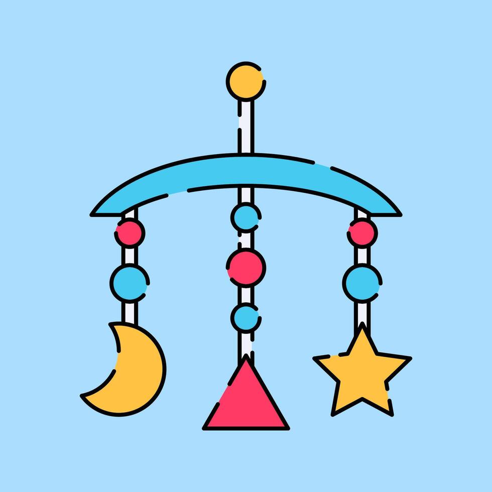 Baby Mobile Flat design style, hanging crib toy with stars and moon, symbolizing infant relaxation, great for nursery graphics, baby care promotions, and sleep-related designs. vector
