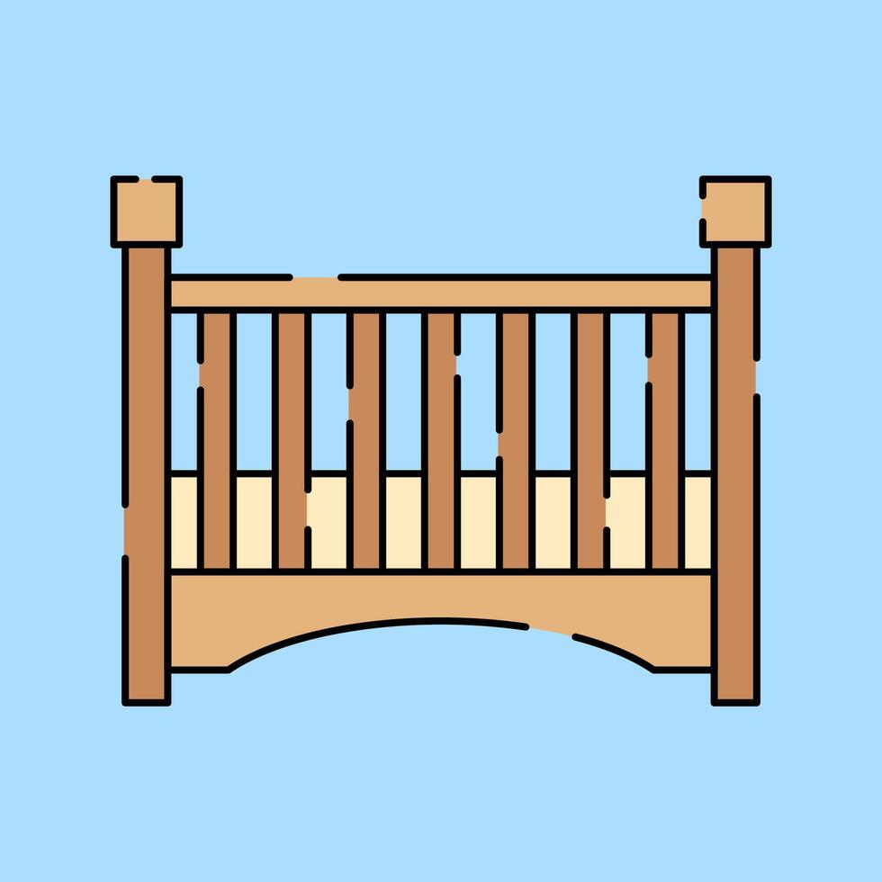 Baby Crib Flat design style, wooden crib with safety bars, symbolizing infant sleeping space, perfect for nursery decor illustrations, baby care branding, and parenting guides. vector