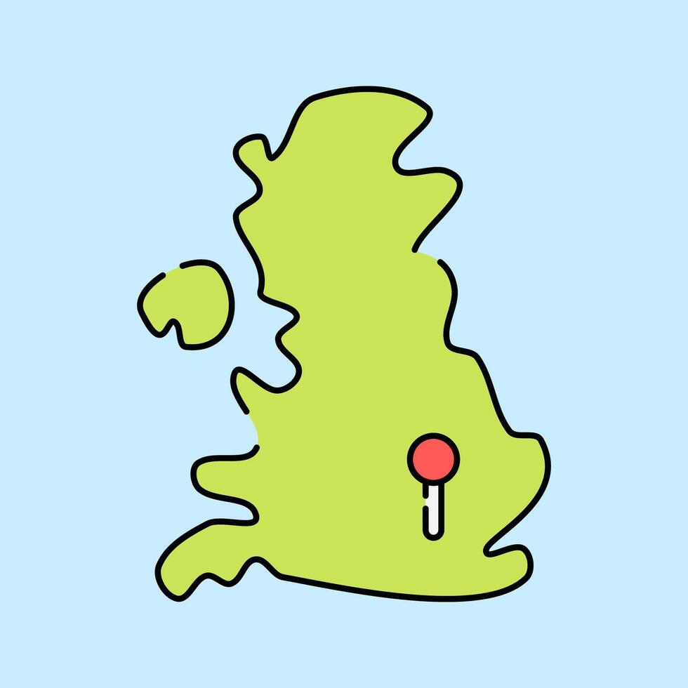 UK Map Flat design style, green UK map with a red location pin, ideal for travel guides, geographic infographics, and educational materials. vector