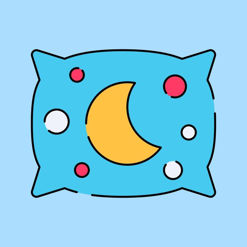 Baby Pillow Flat design style, blue pillow with a crescent moon and decorative dots, symbolizing baby sleep, great for nursery decor, bedding ads, and sleep-related designs. vector