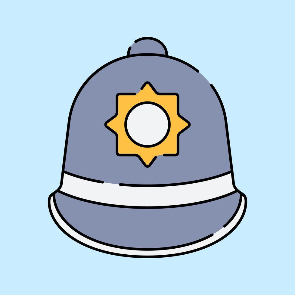 Police Helmet Flat design style, traditional British police helmet with a badge, representing law enforcement, perfect for security icons, crime related content, and UK culture designs. vector