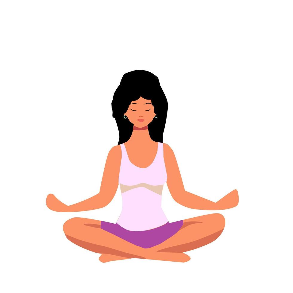 Illustration of a woman practicing yoga in a lotus position with a calm and relaxed expression. Concept of meditation, mindfulness, relaxation, and healthy lifestyle vector