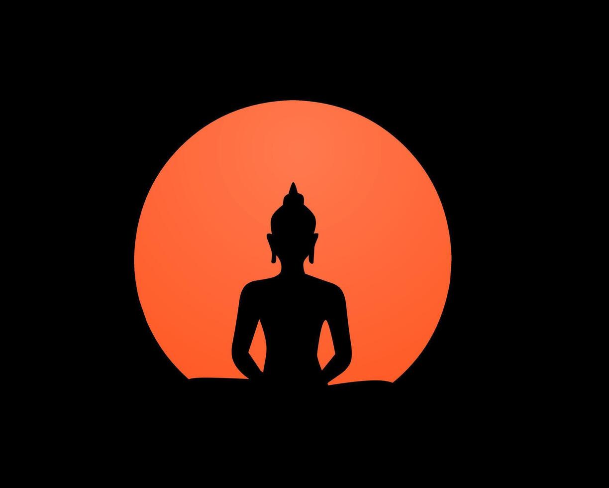 Silhouette of Buddha meditating in front of a glowing full moon. Perfect for Buddha Purnima, spirituality, meditation, enlightenment, mindfulness, and religious themes vector