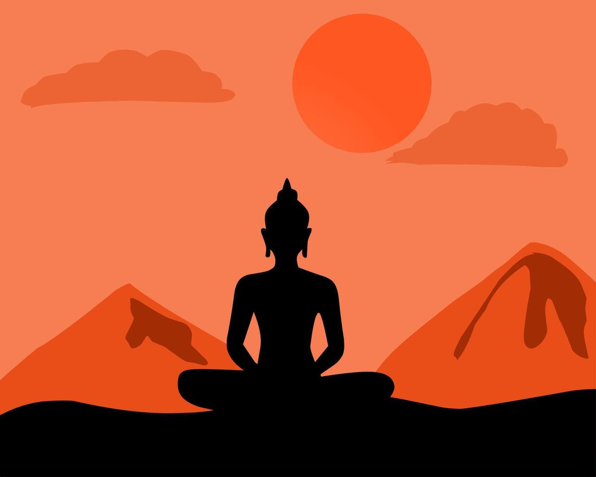 Silhouette of Buddha meditating in a desert landscape with mountains and a setting sun. Great for spiritual themes, mindfulness, Buddhism, yoga, and meditation concepts vector