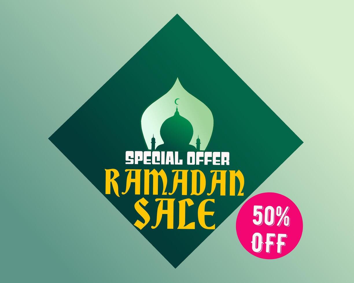 Ramadan sale banner with green geometric design, mosque silhouette, and golden typography. Includes Special Offer text and a pink 50 percent OFF discount badge vector