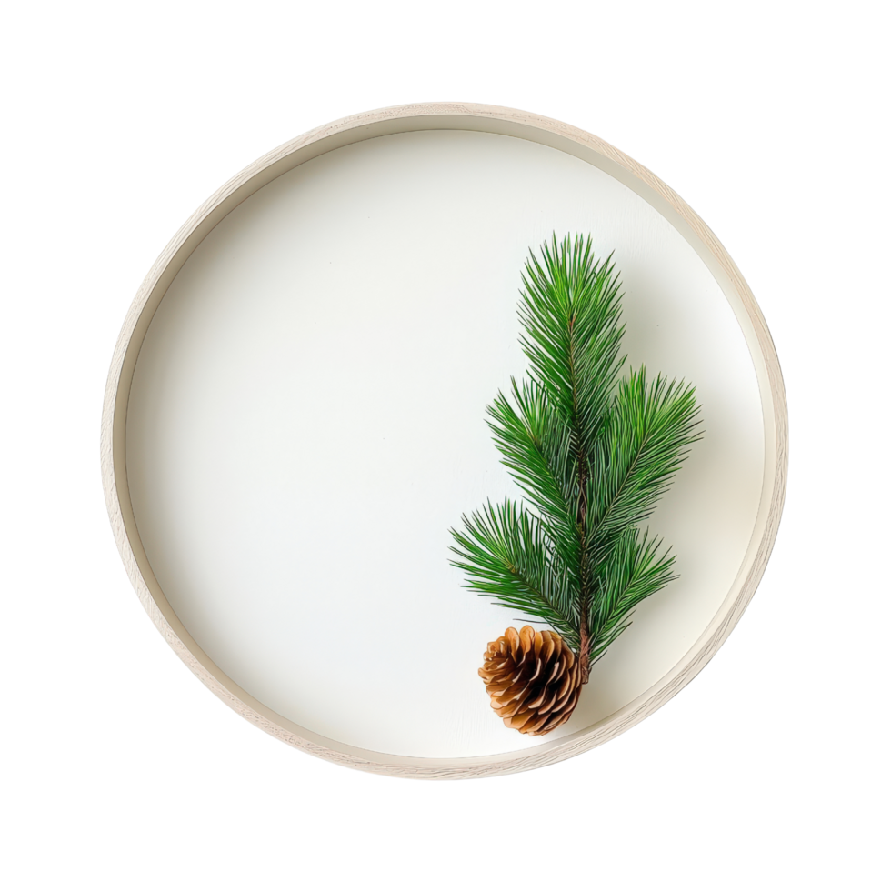 A pine branch and cone on a white plate png