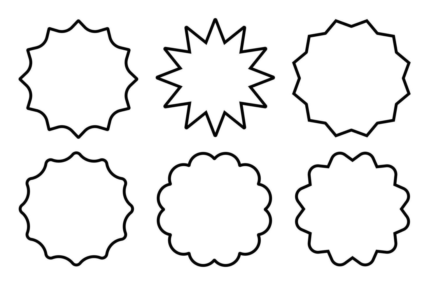 Set of six black outline badge shapes isolated on white background. Starburst stickers. Geometric decorative frames vector