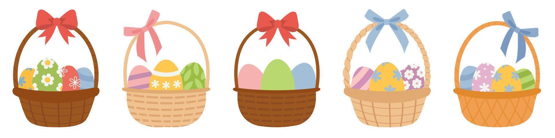 Set of straw Easter wicker baskets with painted decorative eggs and gift ribbon bows vector
