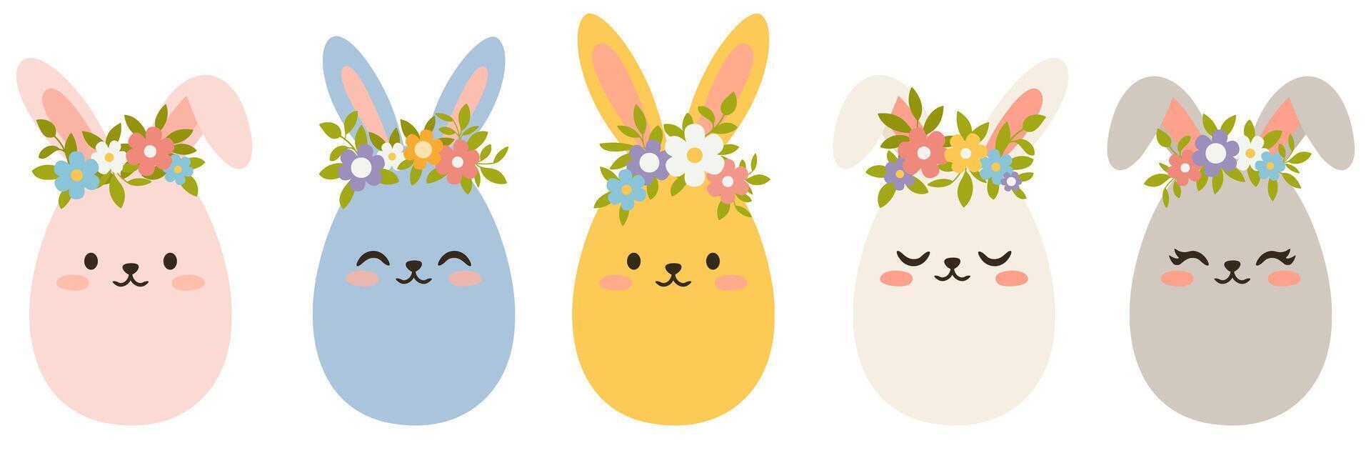 Set of cute Easter eggs with bunny ears and flower wreath vector