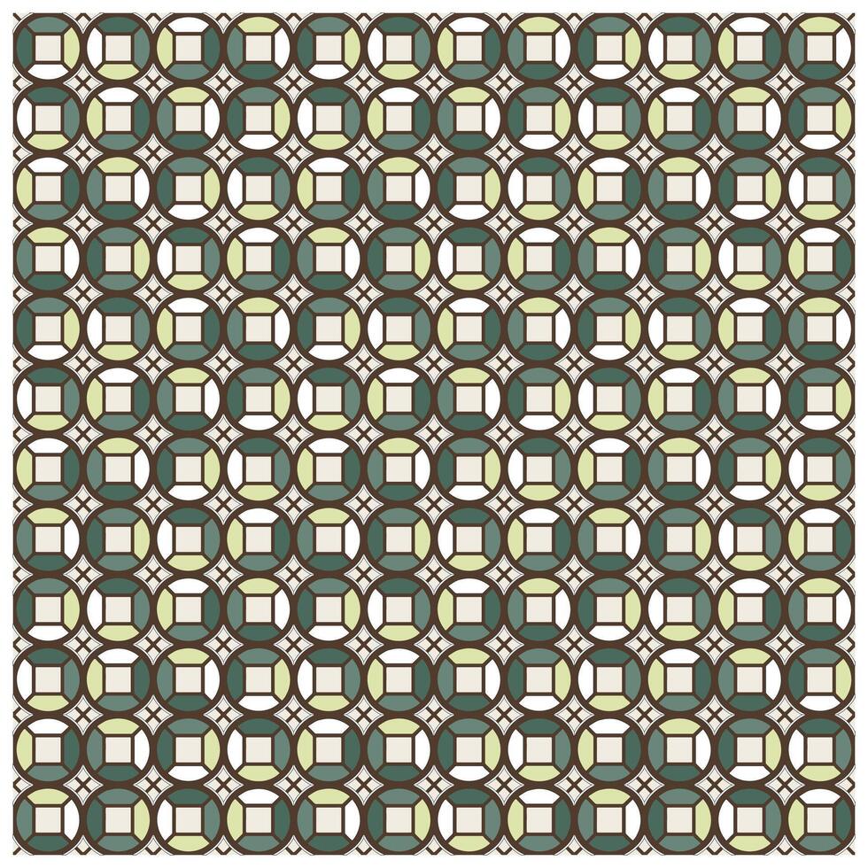 Geometric seamless pattern featuring interlocking circles and squares in teal, mint green, and cream, outline in brown, It could be used as a wallpaper, fabric design, or other decorative elements vector