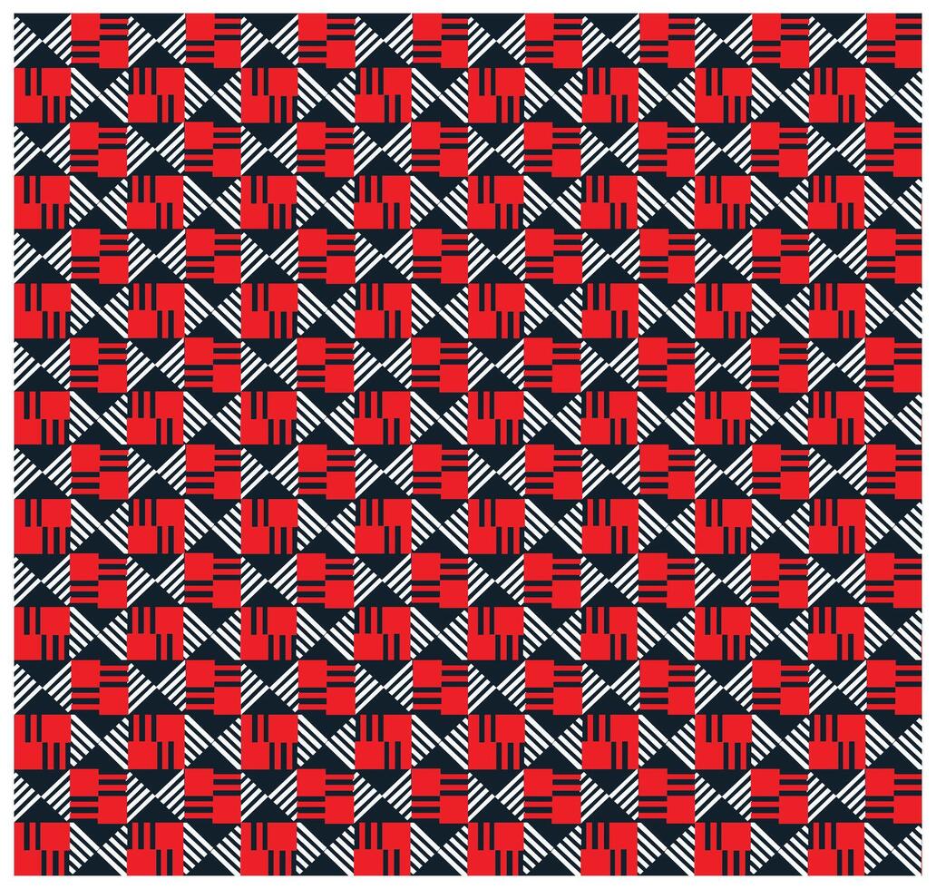 A vibrant geometric pattern featuring alternating red squares and diagonal black and white stripes, arranged in a repeating grid. vector