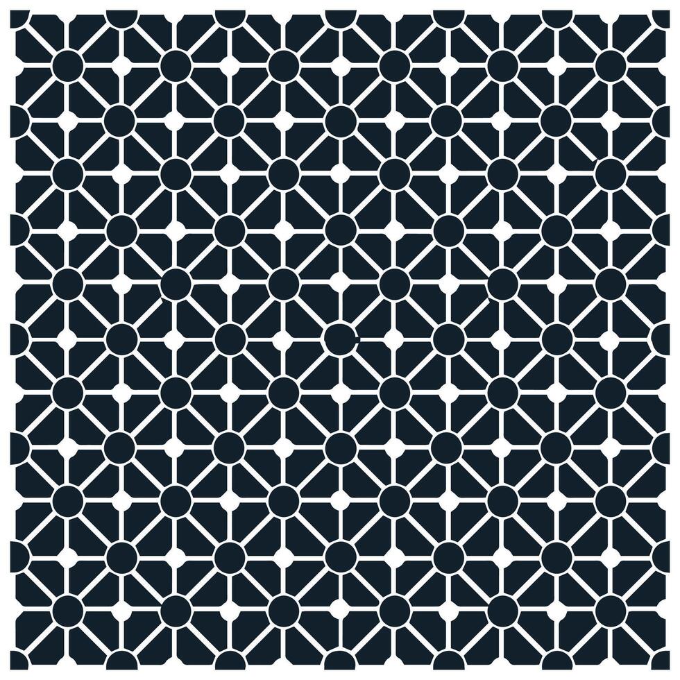 A geometric pattern of interlocking circles and star-like shapes in dark blue and white, creating a symmetrical grid design. vector