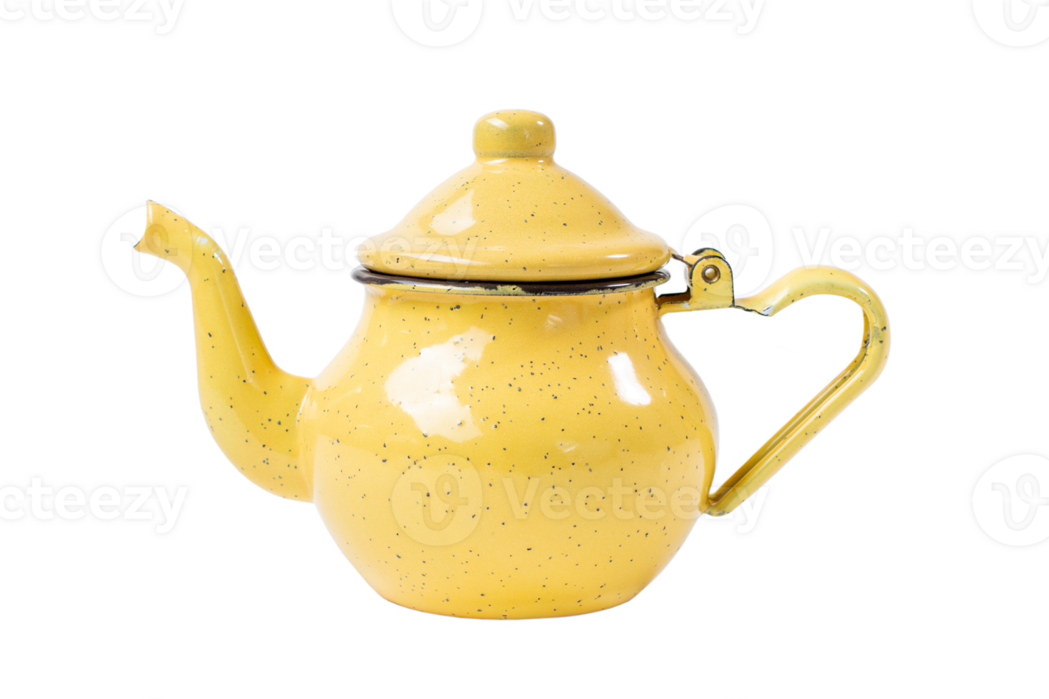 vintage enamel yellow teapot with spotted pattern with curved spout and handle resembling heart shape isolated on transparent background png