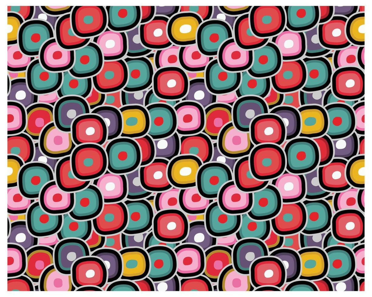 A vibrant, abstract pattern featuring colorful overlapping shapes in red, pink, teal, yellow, and black on a dark background. vector
