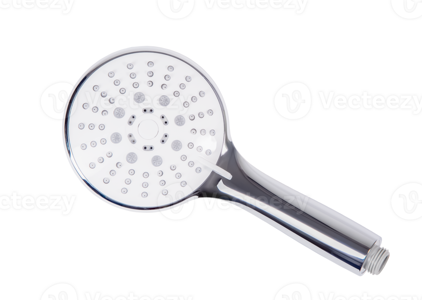 Chrome shower head featuring multiple water jets, positioned against clean background, highlighting modern bathroom fixture with sleek metallic finish and versatile design potential png