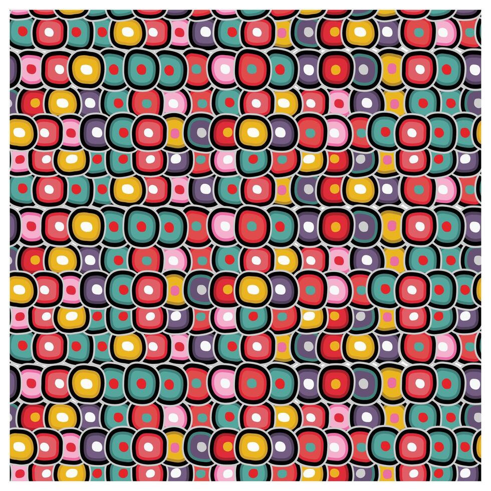 A vibrant patterned background featuring colorful overlapping circles and squares in red, turquoise, yellow, and purple on a black backdrop. vector
