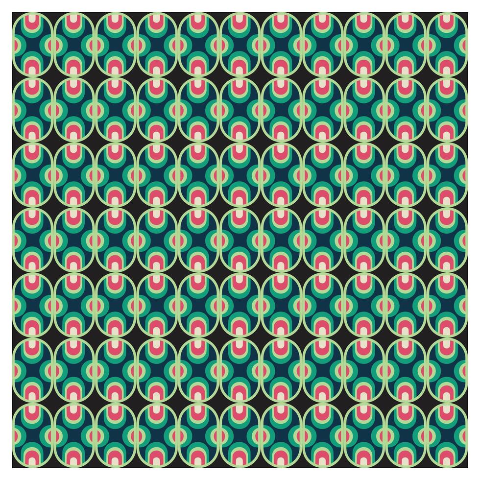 A vibrant geometric pattern featuring overlapping circles in teal, pink, and green, set against a black background,it could be used as a wallpaper, fabric design, or other decorative elements. vector