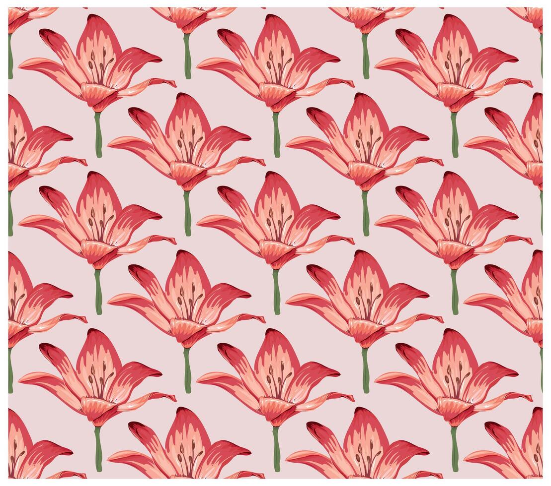 A vibrant floral patterns featuring pink lilies with green stem on a soft pink background, It could be used as a wallpaper, fabric design, curtain, pillow, or other decorative element. vector