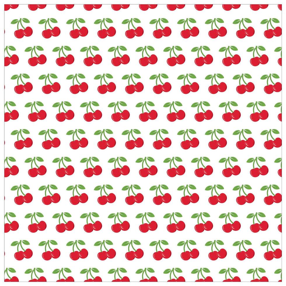 A seamless pattern featuring clusters of red cherries with green leaves on a white background, It could be used as a wallpaper, fabric design, curtain, pillow or other decorative element vector