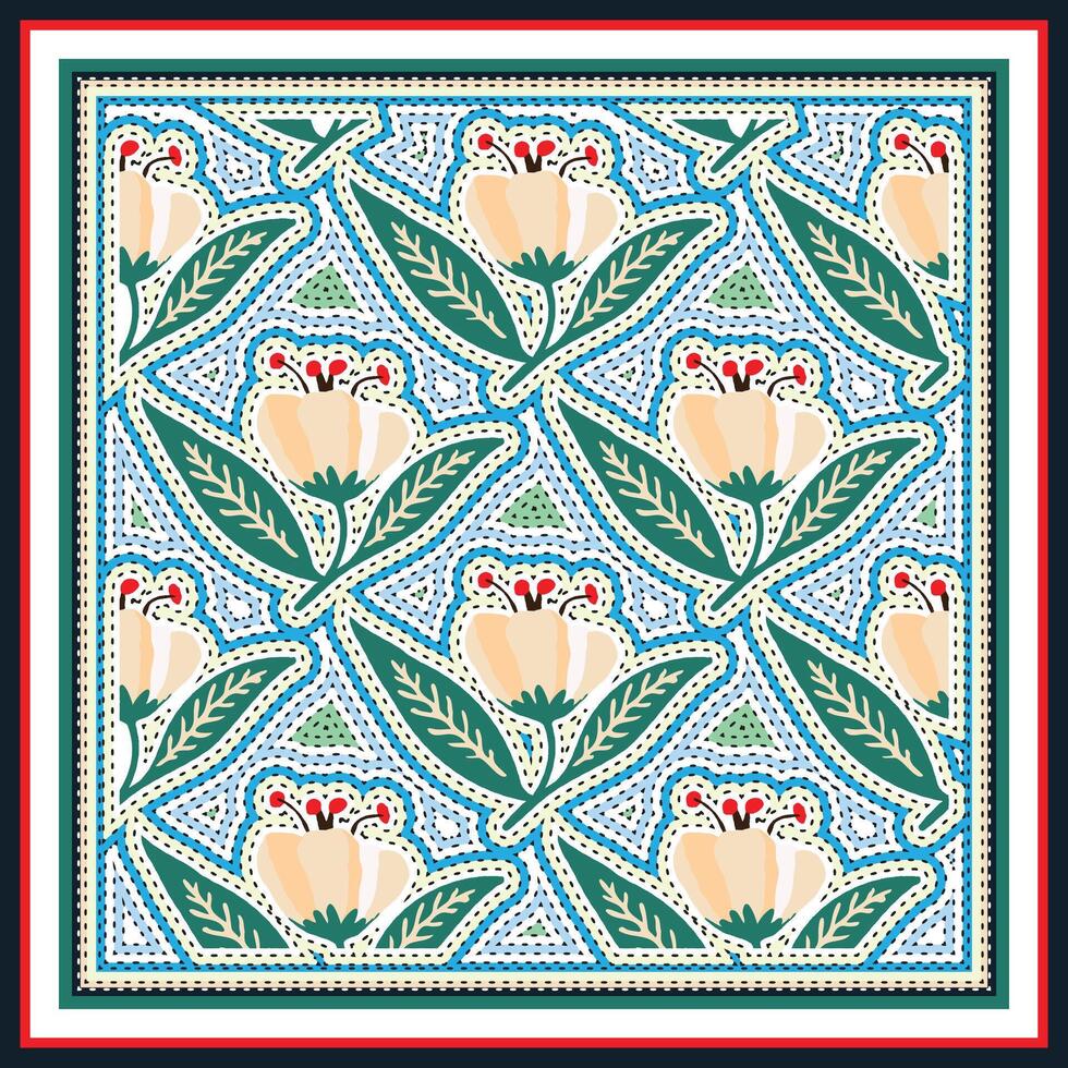 A colorful textile pattern featuring pastel flowers with green leaves on a dotted blue background, framed by a bold multicolored border, it could be used as a wallpaper, fabric design, curtain, pillow vector