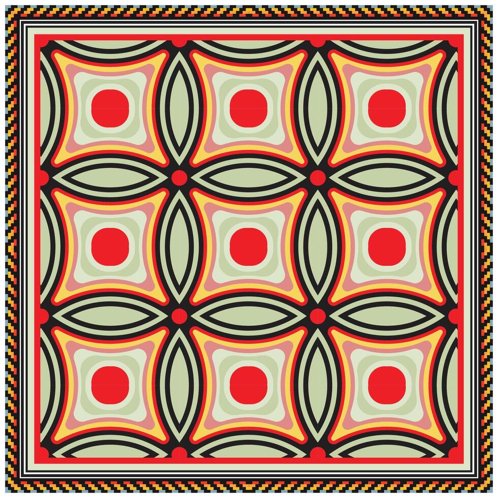 Colorful geometric pattern featuring red circles and curvy shapes on a light background, bordered by a bold zigzag design. vector