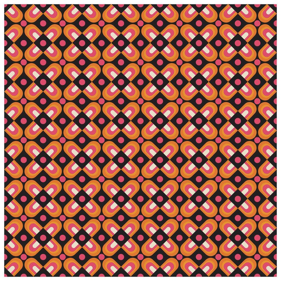 A geometric pattern featuring interlocking floral shapes in orange, pink, and black, creating a lively textile design. vector