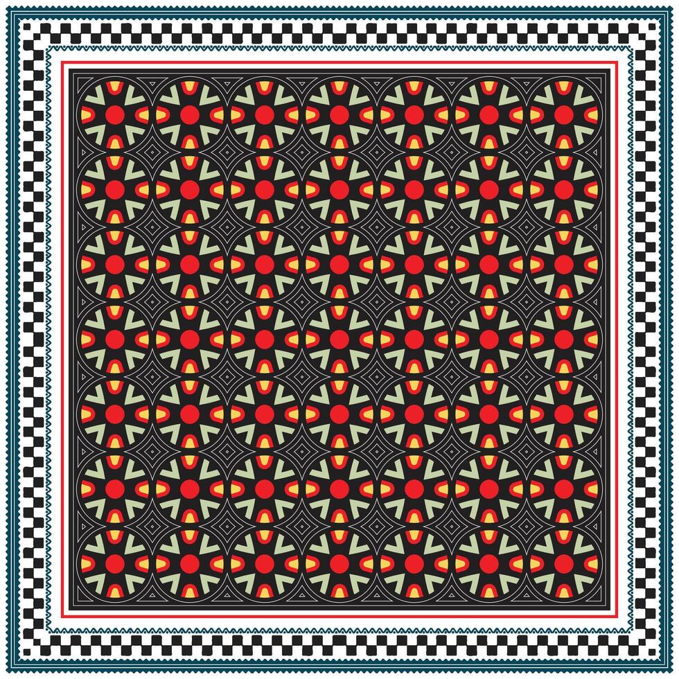 A vibrant geometric pattern featuring red and yellow shapes on a black background, framed by intricate border designs. vector
