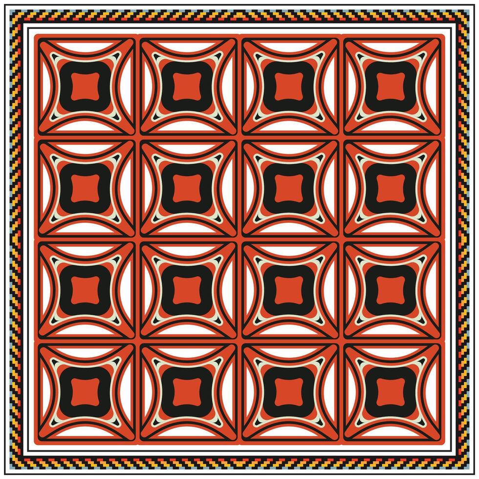 A patterned tile design featuring red, black, and beige shapes, creating a geometric and symmetrical composition with a decorative border. vector