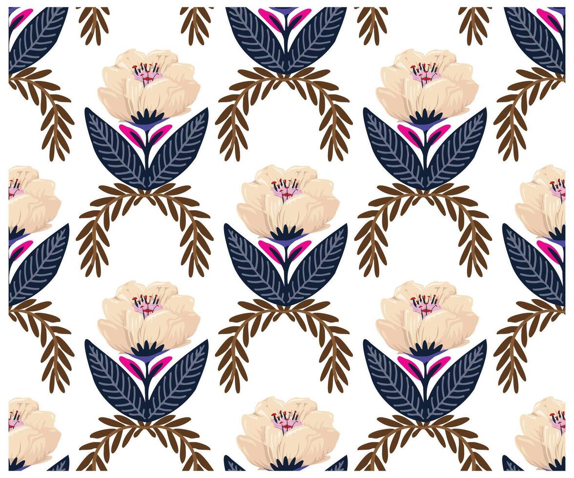 Seamless floral pattern featuring large cream peonies, vibrant pink accents, and dark green leaves on a white background. It could be used as a wallpaper, fabric design, curtain or other pillow vector