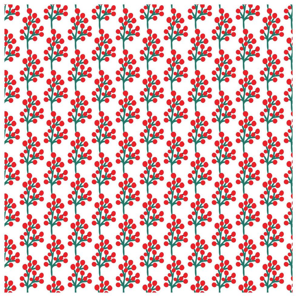 A decorative repeat print pattern of vibrant red berry clusters with green leaves on a white background, creating a cheerful botanical design, It could be used as a wallpaper, fabric design, curtain vector