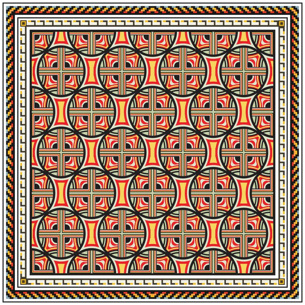 Colorful geometric pattern featuring interlocking circles and crosses, framed with intricate borders in black, gold, and red hues. vector