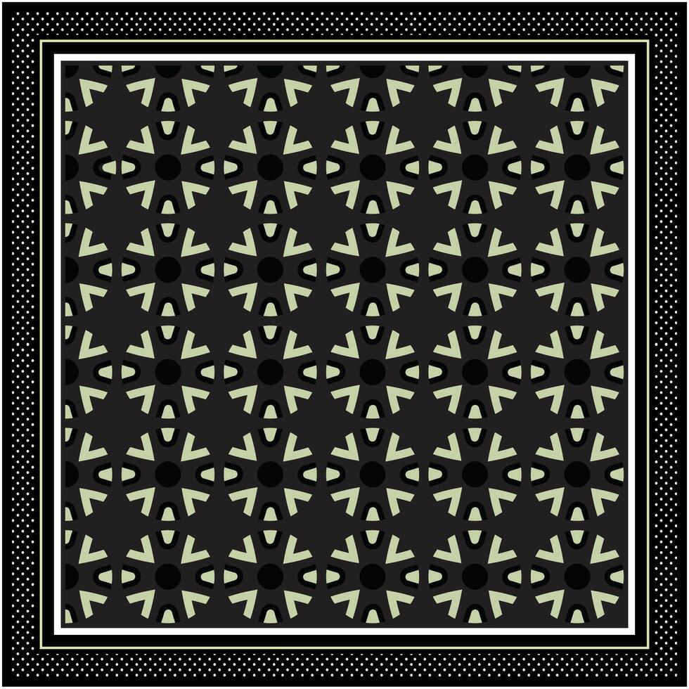 Geometric pattern featuring star shapes and circles in black, beige, and green, bordered by a multi-layered design with polka dots. vector