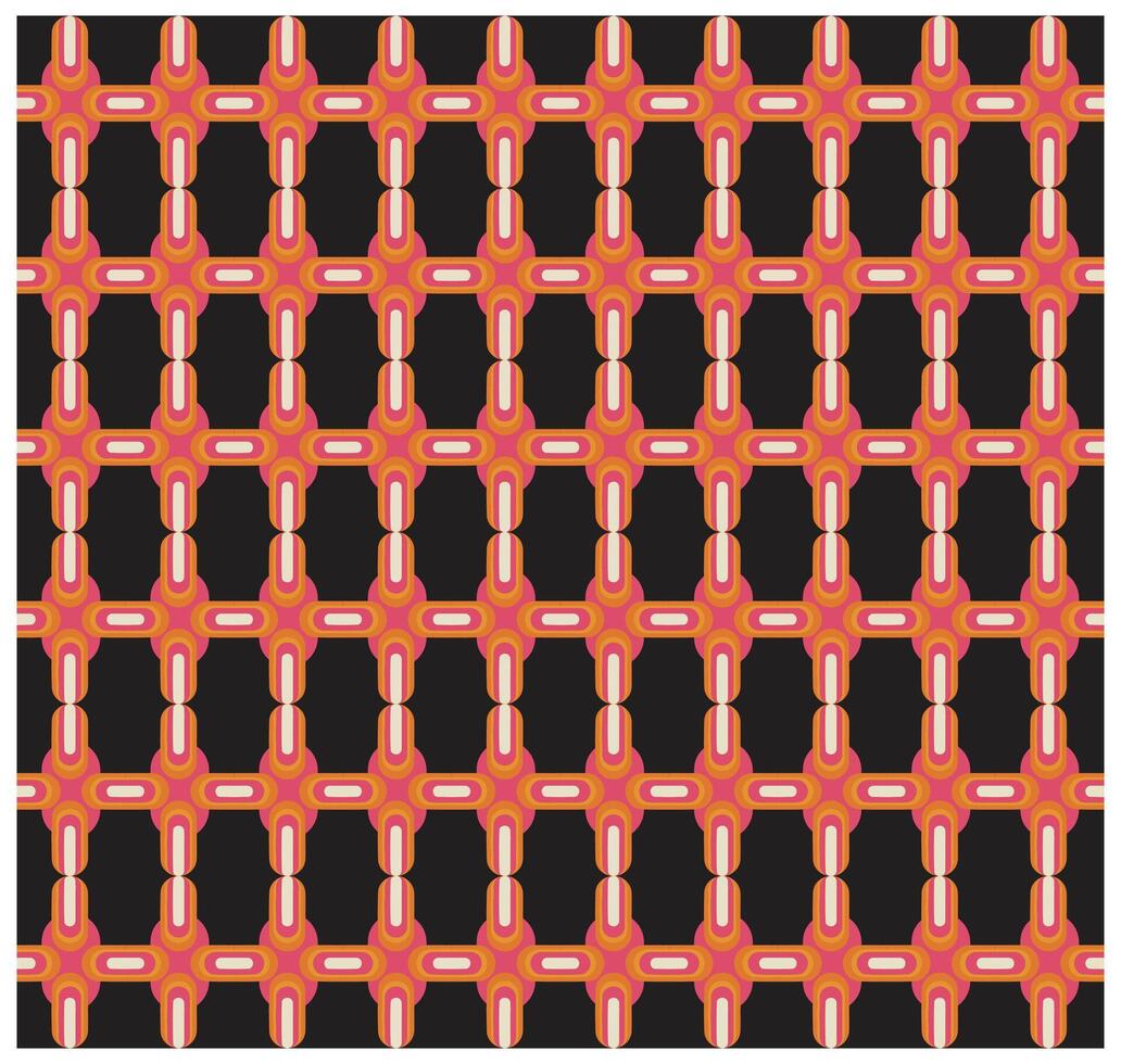 A vibrant geometric pattern featuring interlocking shapes in pink and orange hues on a black background, creating a stylish grid effect. vector