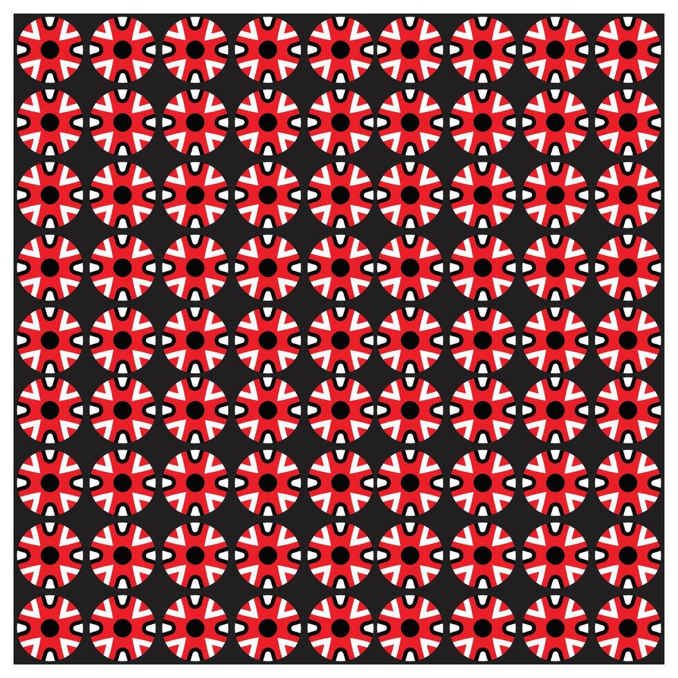 A patterned grid of circular designs featuring red, white, and black elements resembling a stylized Union Jack on a black background. vector