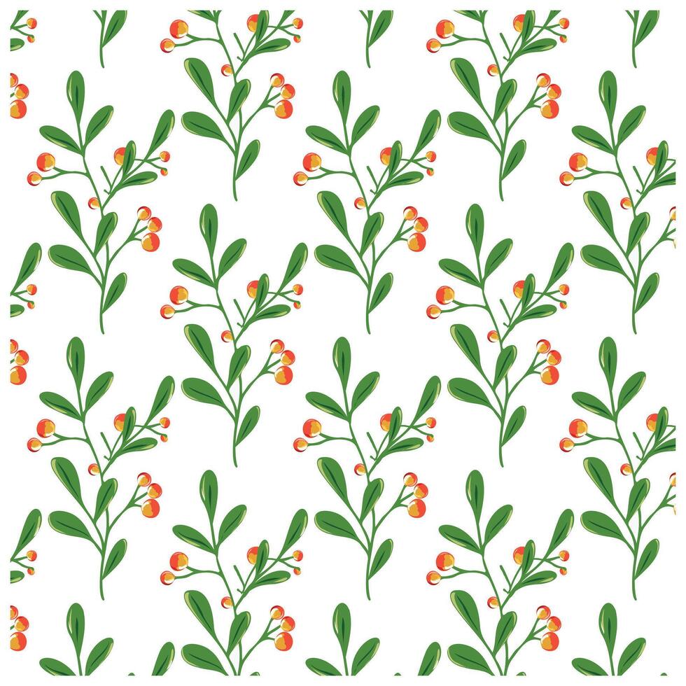 A seamless pattern green leaves with clusters of orange berries on a white background. Bright and botanical design, It could be used as a wallpaper, fabric design, curtain or other pillow element vector